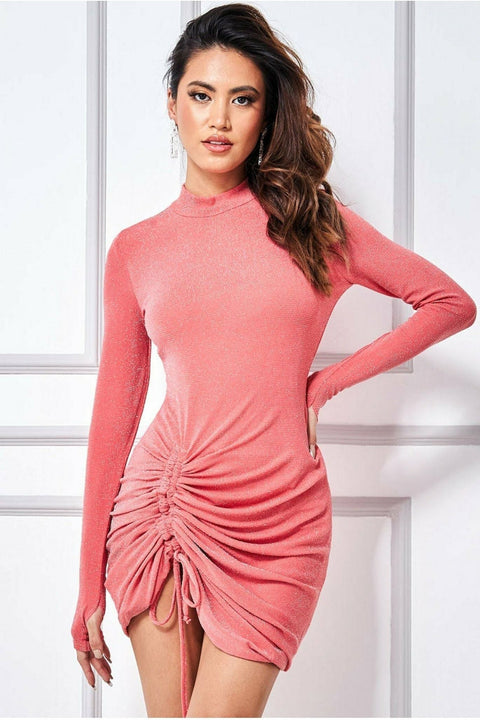 City Goddess High Neck Drawstring Mini Dress - Coral