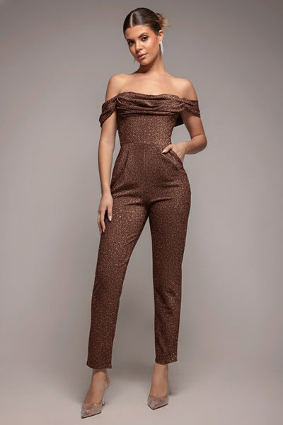 Goddiva Lurex Cowl Neck Romper - Bronze