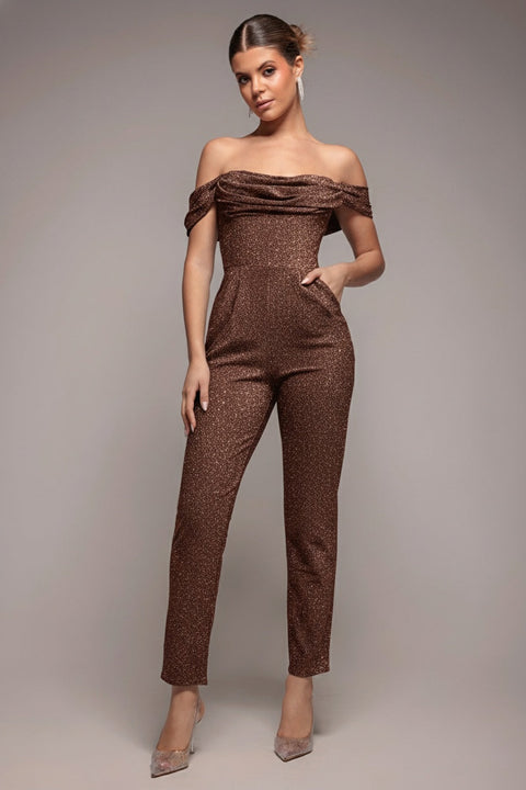 Goddiva Lurex Cowl Neck Romper - Bronze