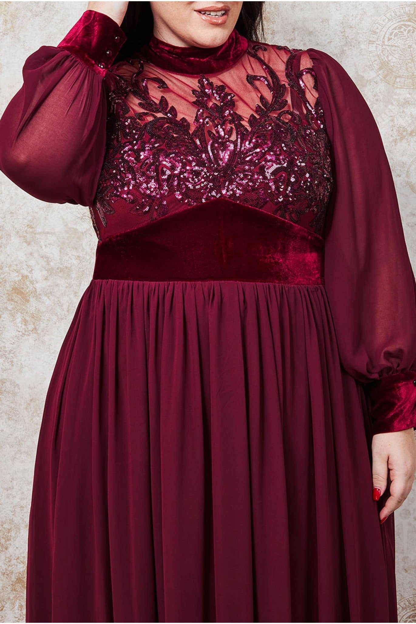 Goddiva Plus Velvet Band Sequin Bodice Maxi - Wine