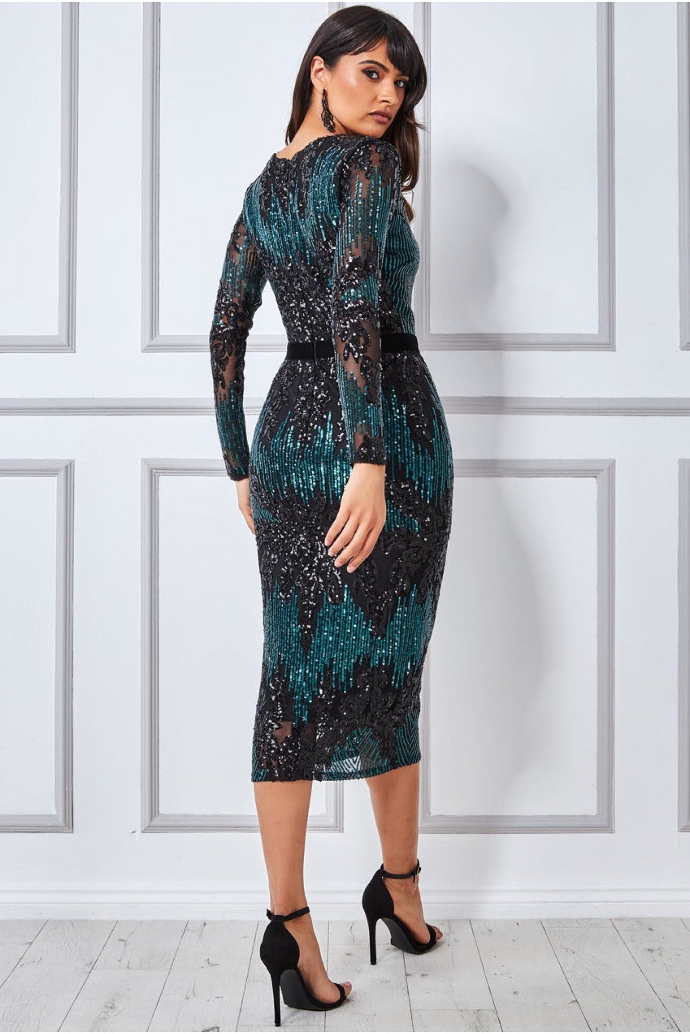 Goddiva Long Sleeve Sequin Party Midi Dress - Green