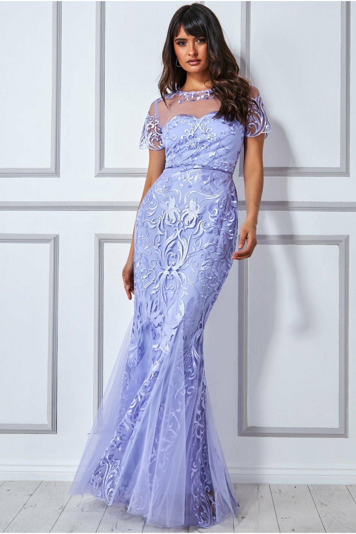 Goddiva Mesh & Lace Maxi With Scalloped Hem - Lilac