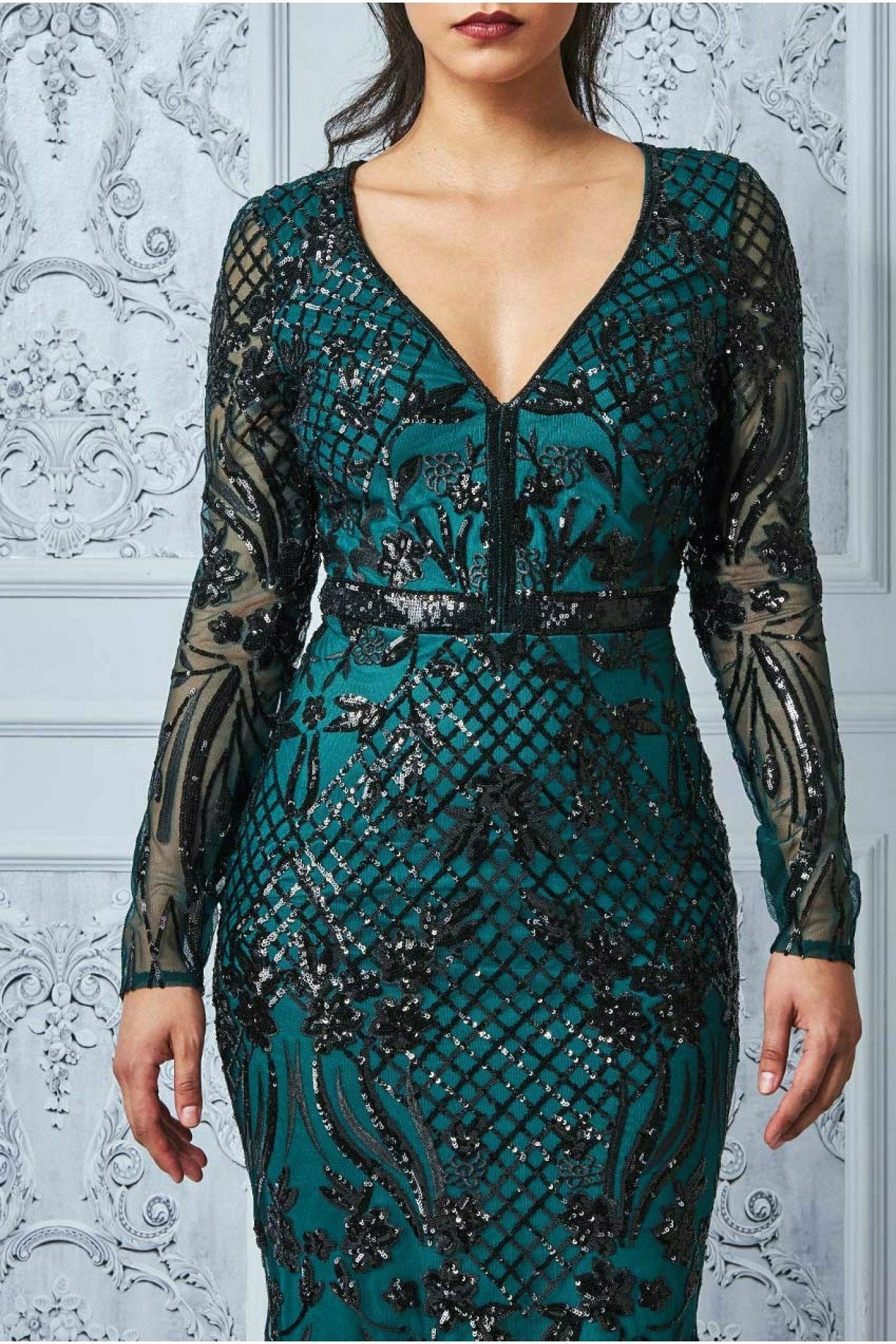 Goddiva Full Sleeve Sequin Evening Dress - Emerald Green