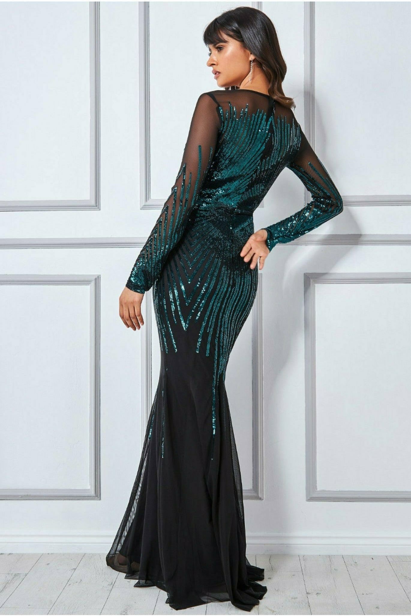 Goddiva Shooting Star Sequin Maxi Dress - Emerald