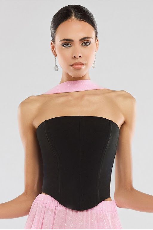 Goddiva Compact Crepe Lace Up Corset With Gathered A-Line Glitter Chiffon Maxi Skirt & Scarf - Black, Pink & Pink