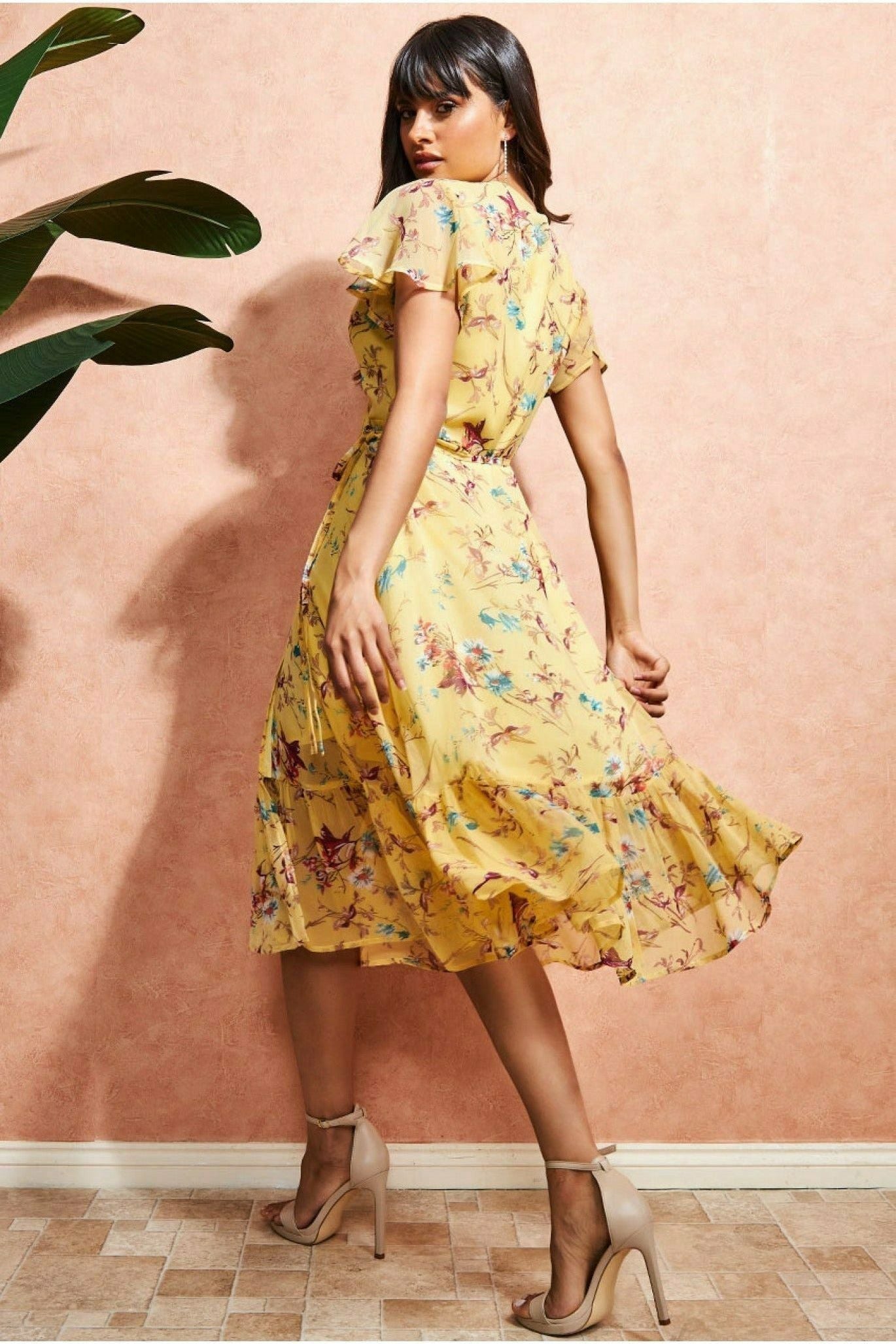 City Goddess Wrap Flutter Sleeve Floral Midi Dress - Yellow