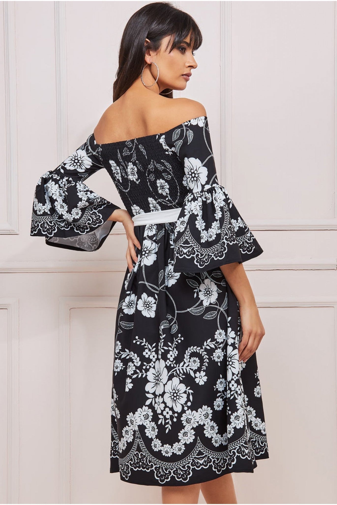 Goddiva Printed Off The Shoulder Midi Dress - Black