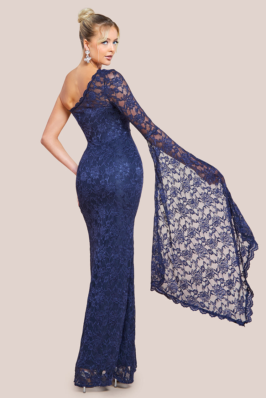 Goddiva One Shoulder Scalloped Neck Maxi Dress - Navy Blue