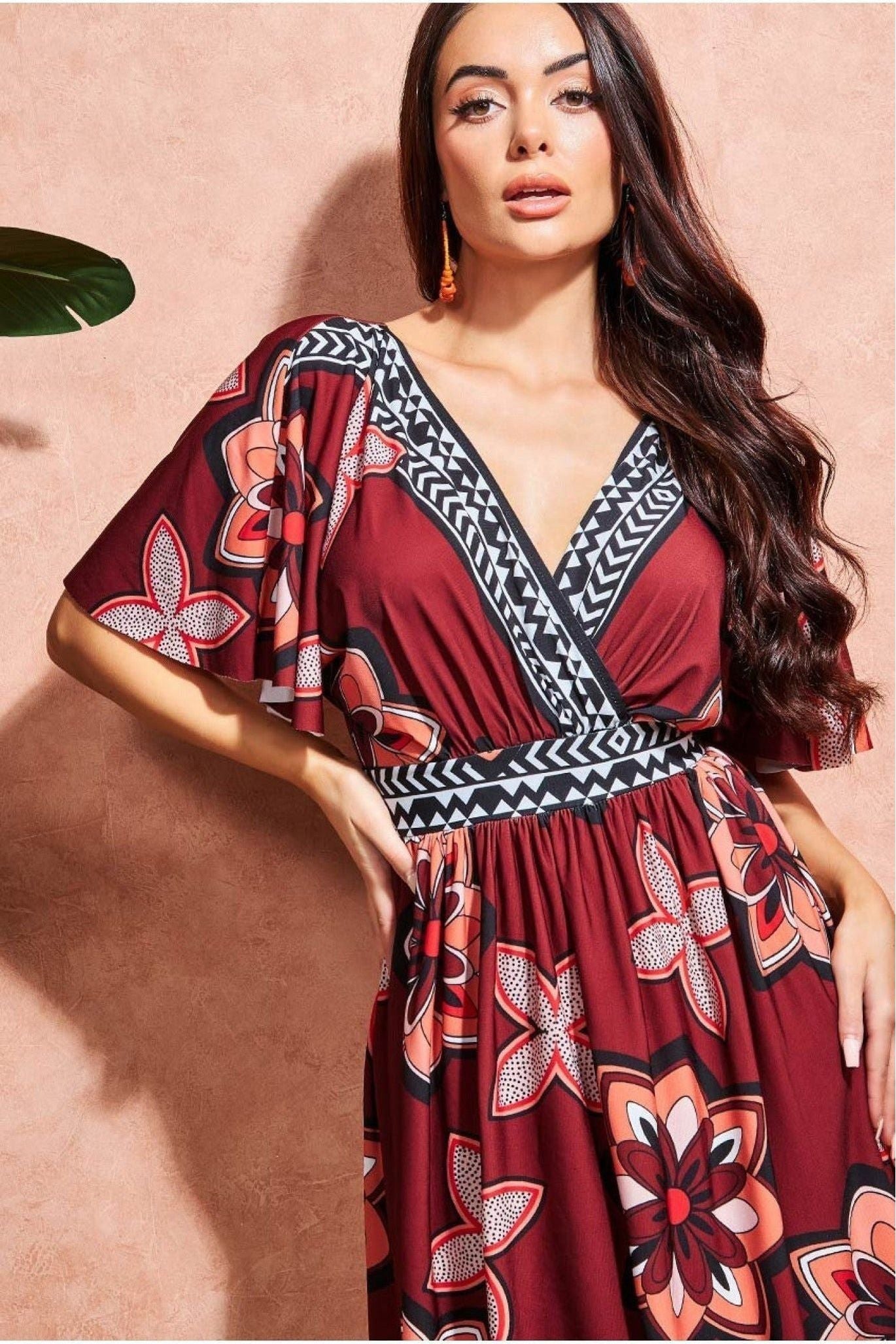 Goddiva Printed Flutter Sleeve Maxi Dress - Brown