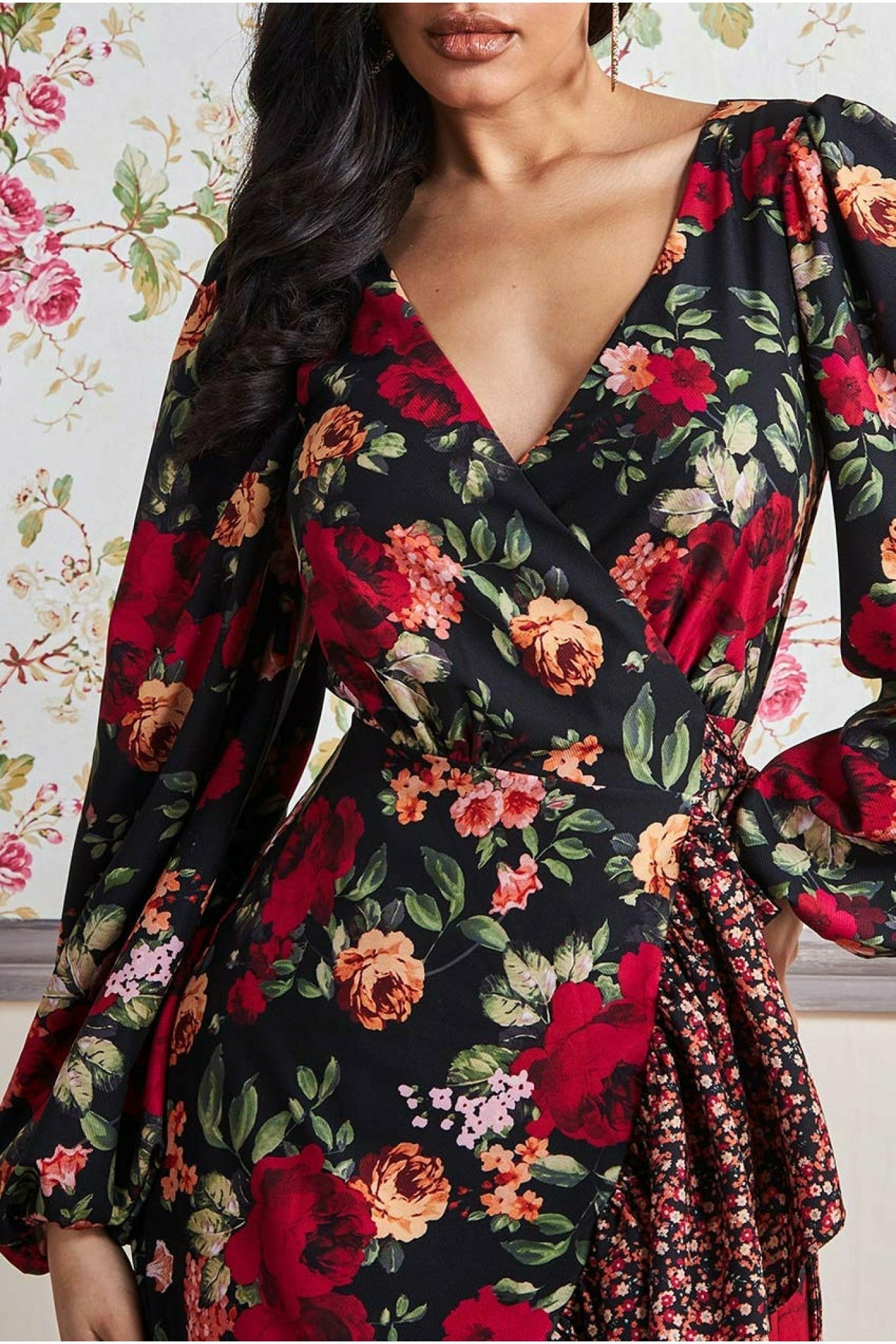 Goddiva Frill Hem Wrap Maxi Dress - Red Print