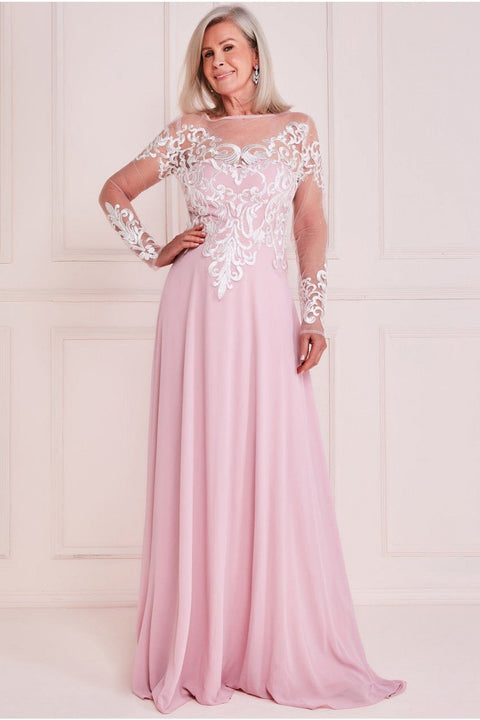 Goddiva Mesh & Lace Embroidered Bodice Maxi - Blush