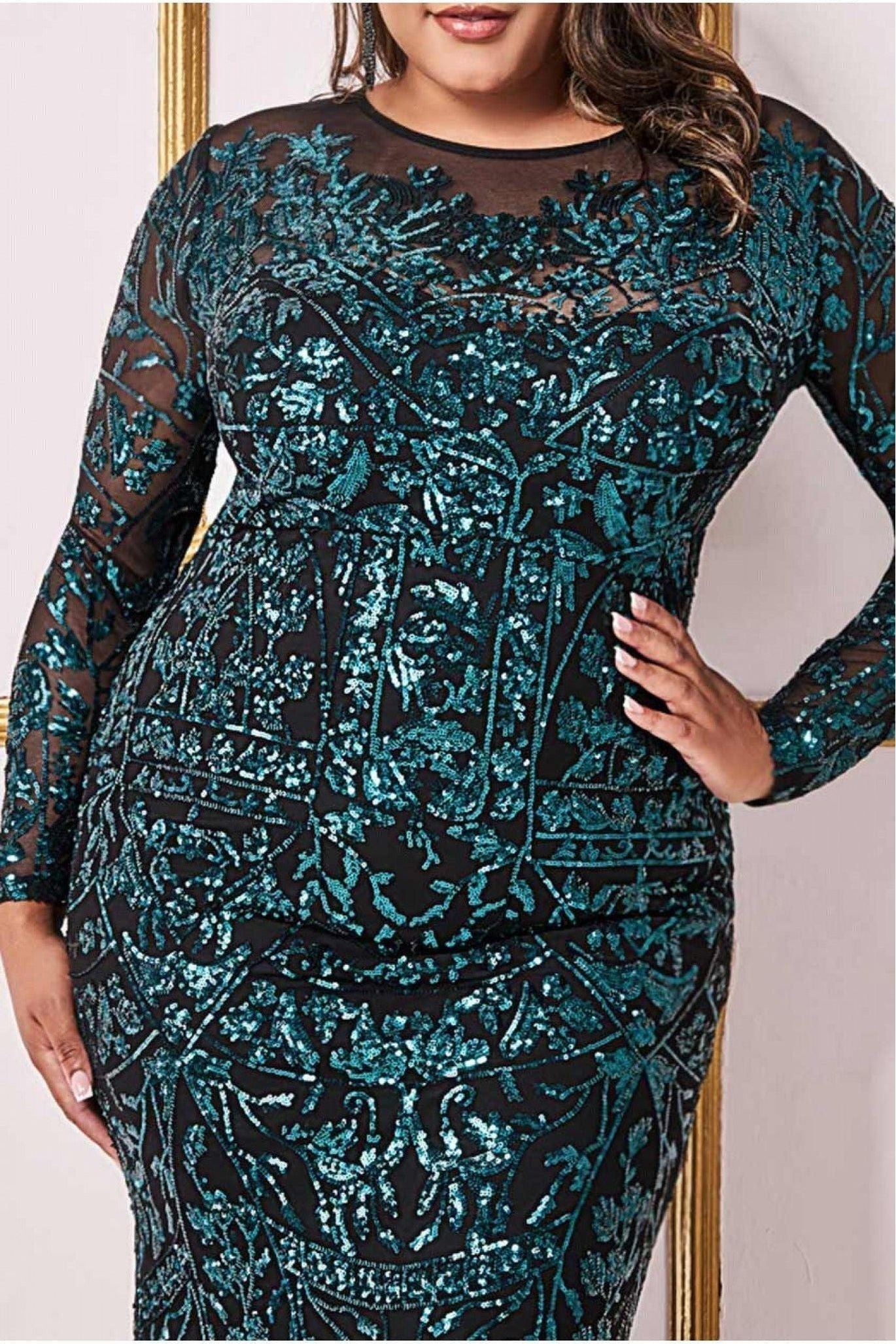 Goddiva Plus Sequin Mesh Embroidered Maxi Dress - Emerald