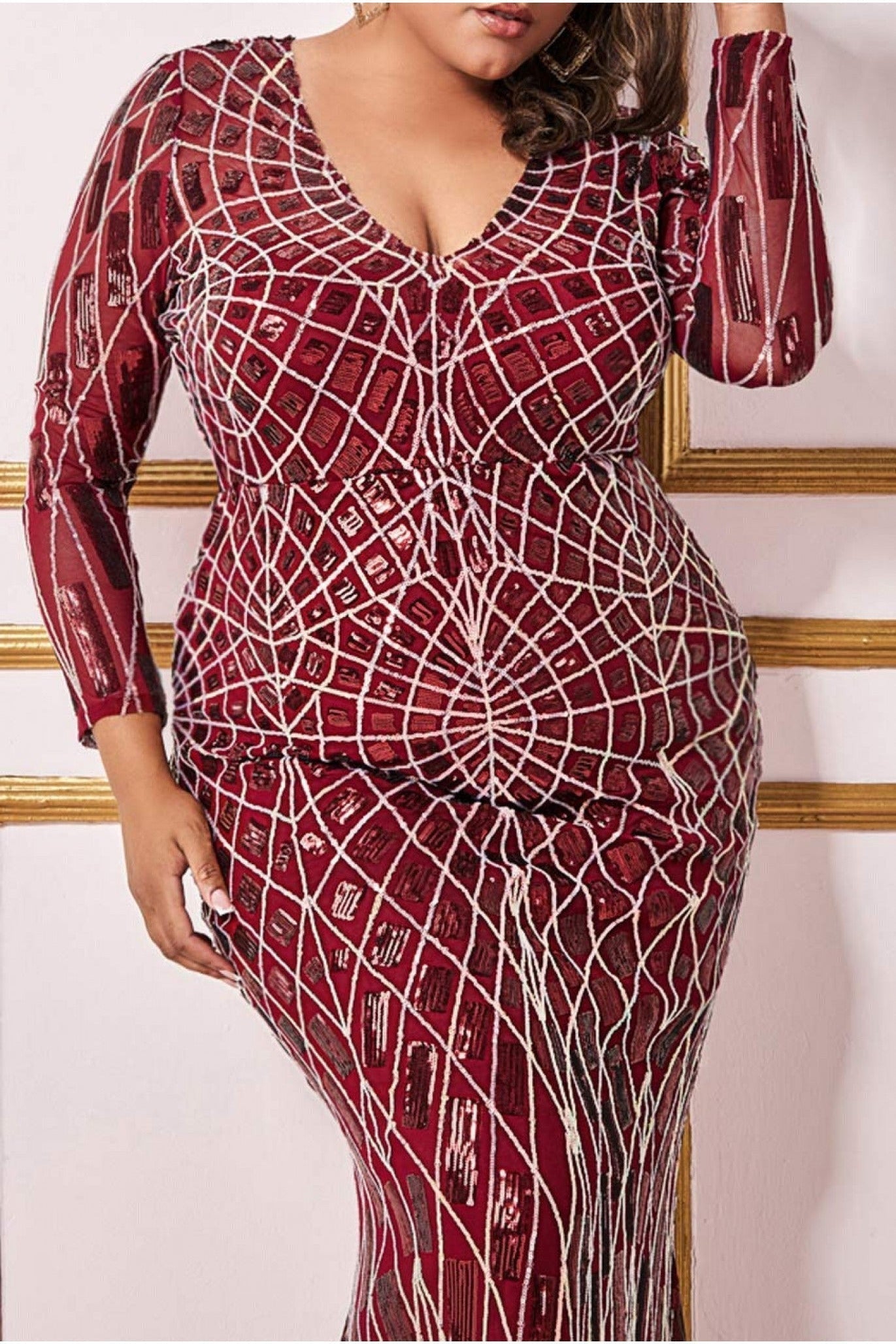 Goddiva Plus Geo Sequin Long Sleeve Maxi Dress - Wine