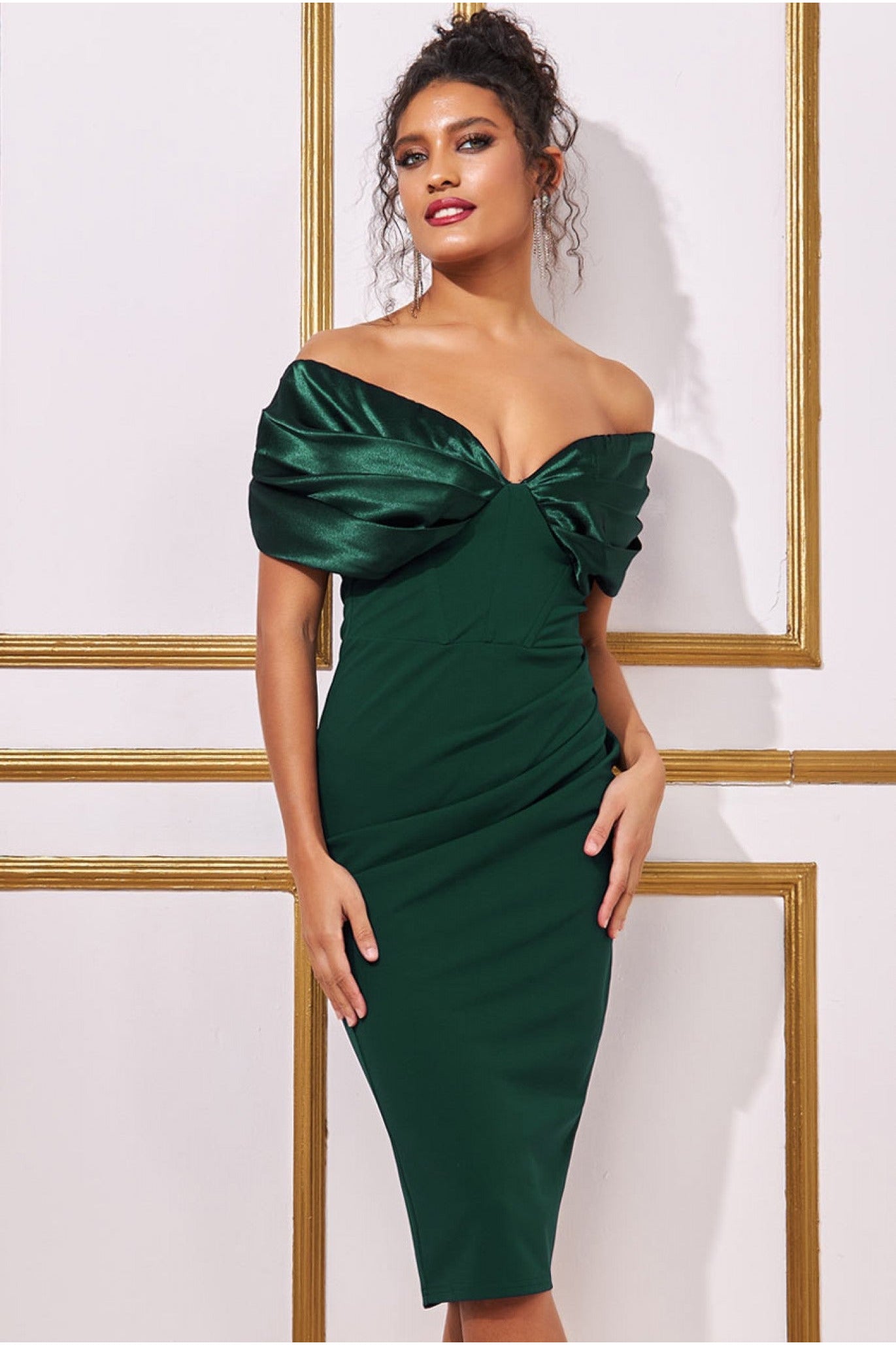 Goddiva Satin & Scuba Off The Shoulder Midi Dress - Emerald
