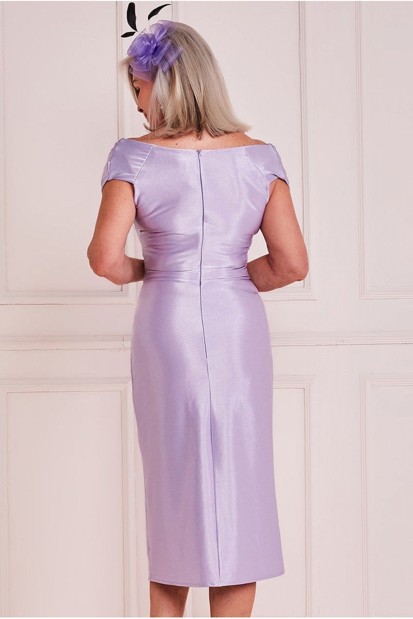 Goddiva Satin Front Split Bardot Cowl Midi - Lilac
