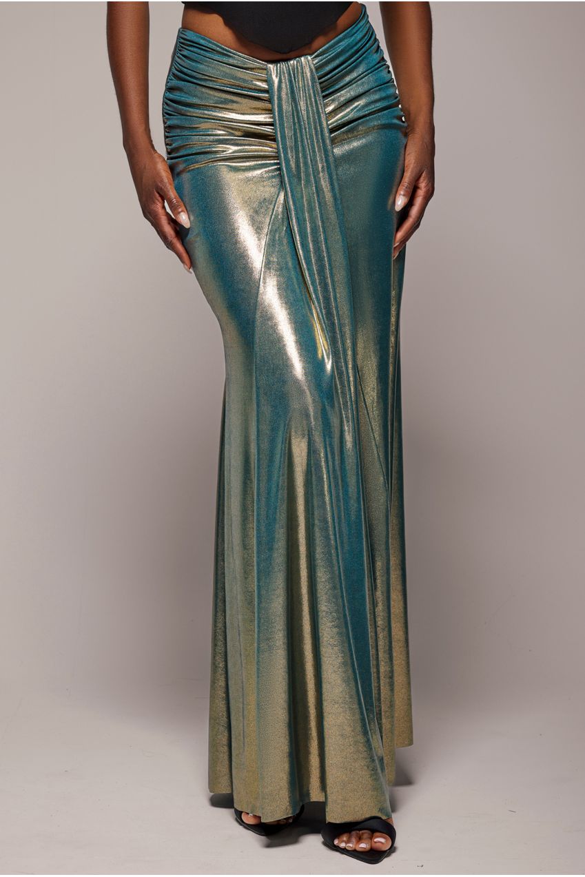 Goddiva Gathered Front Dipped Waist Foil Maxi Skirt - Gold