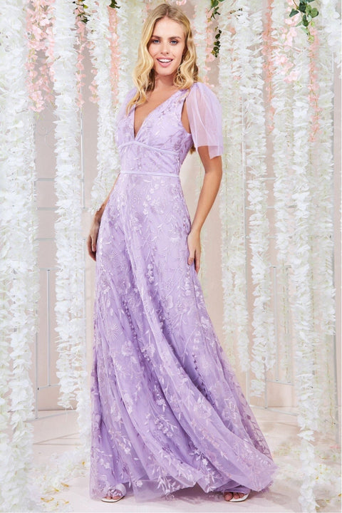 Goddiva Embroidered Lace Maxi Flutter Sleeves - Lilac