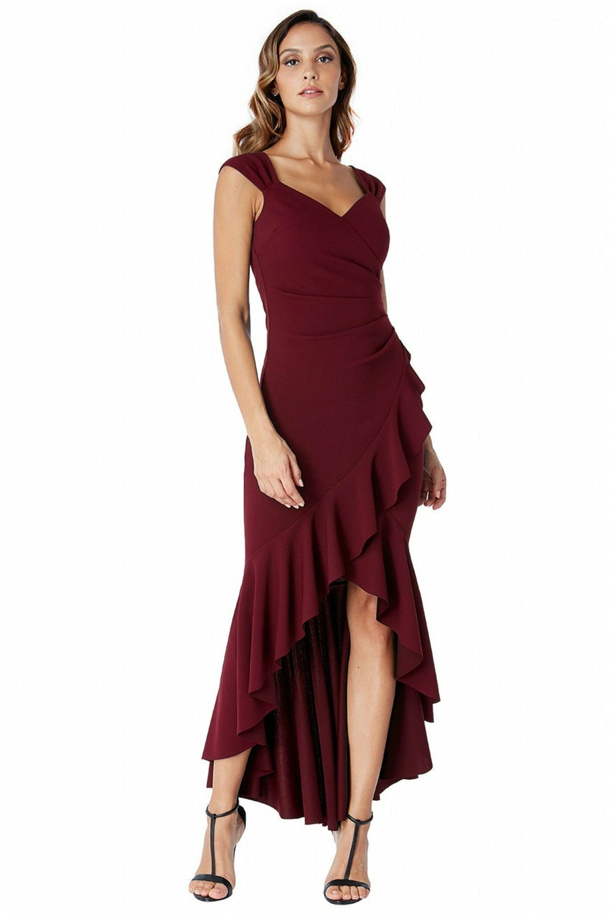 Goddiva High Low Frill Hem Maxi Dress - Wine