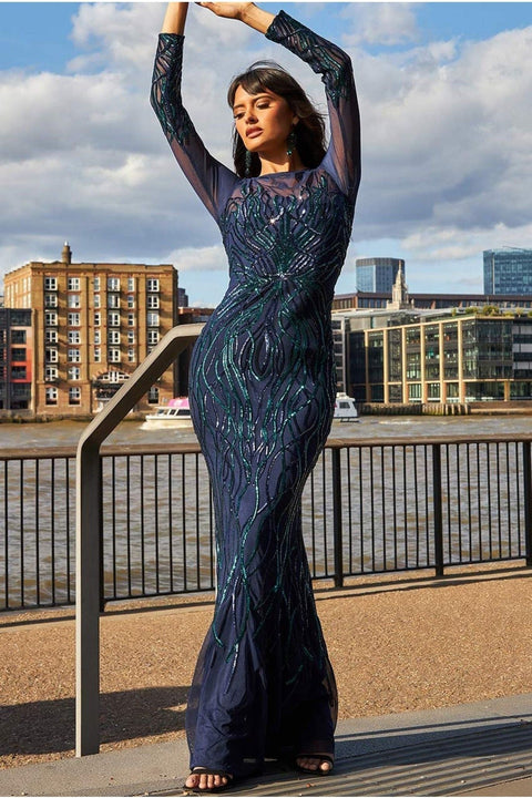 Goddiva Long Sleeve Sequin Flame Maxi Dress - Navy