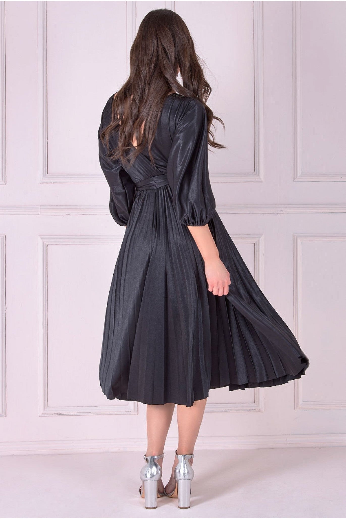 Goddiva Satin Pleated Skirt Wrap Midi Dress - Black