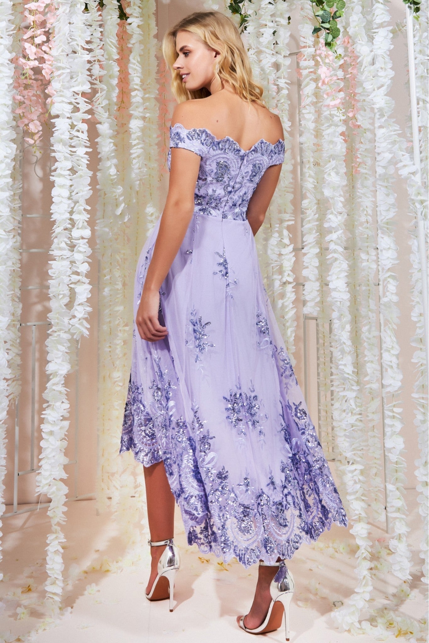 Goddiva Bardot Sequin & Lace High Low Midi - Lilac