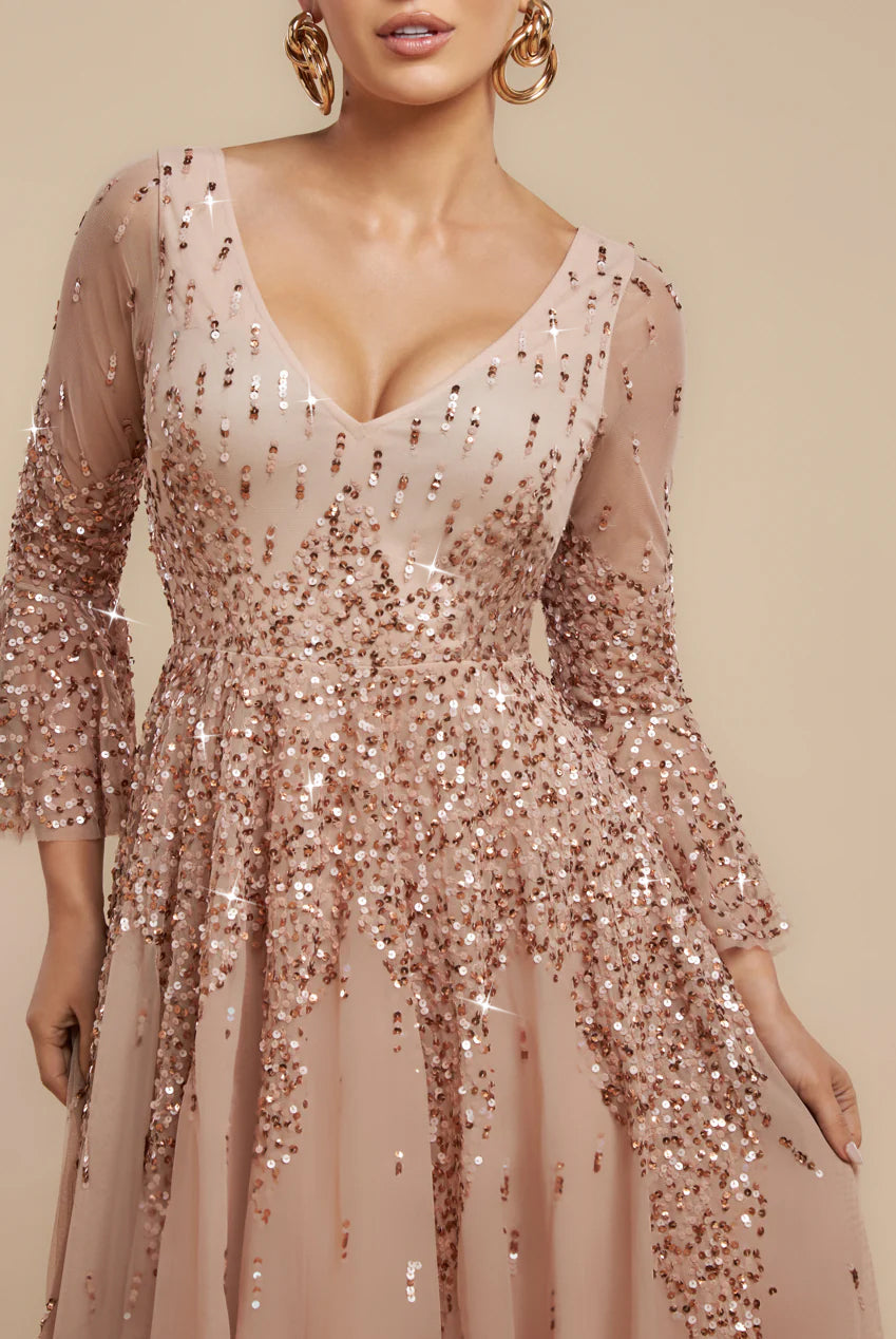 Goddiva Sunray Hand Embellished Sequin A-Line Bell Sleeve Maxi Dress - Champagne