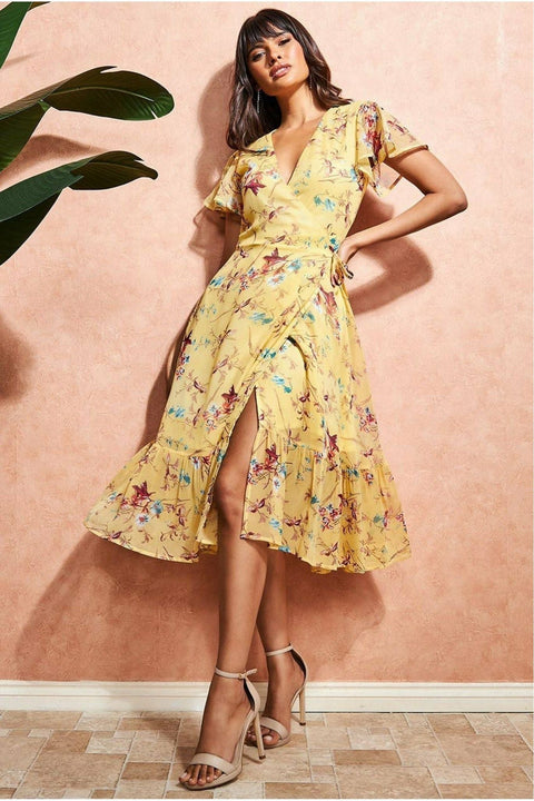 City Goddess Wrap Flutter Sleeve Floral Midi Dress - Yellow