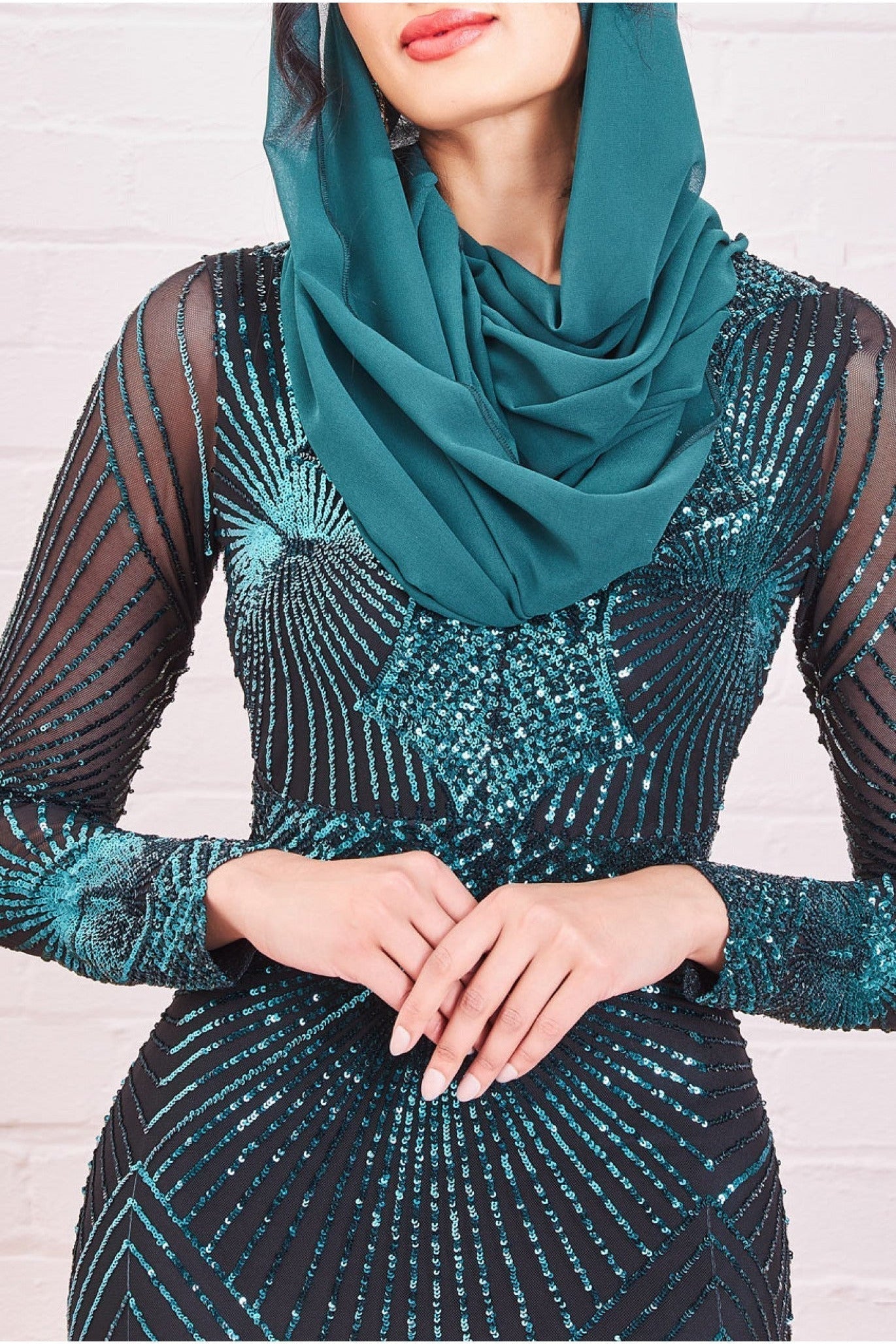 Goddiva Modesty Starburst Sequin Maxi Dress - Emerald