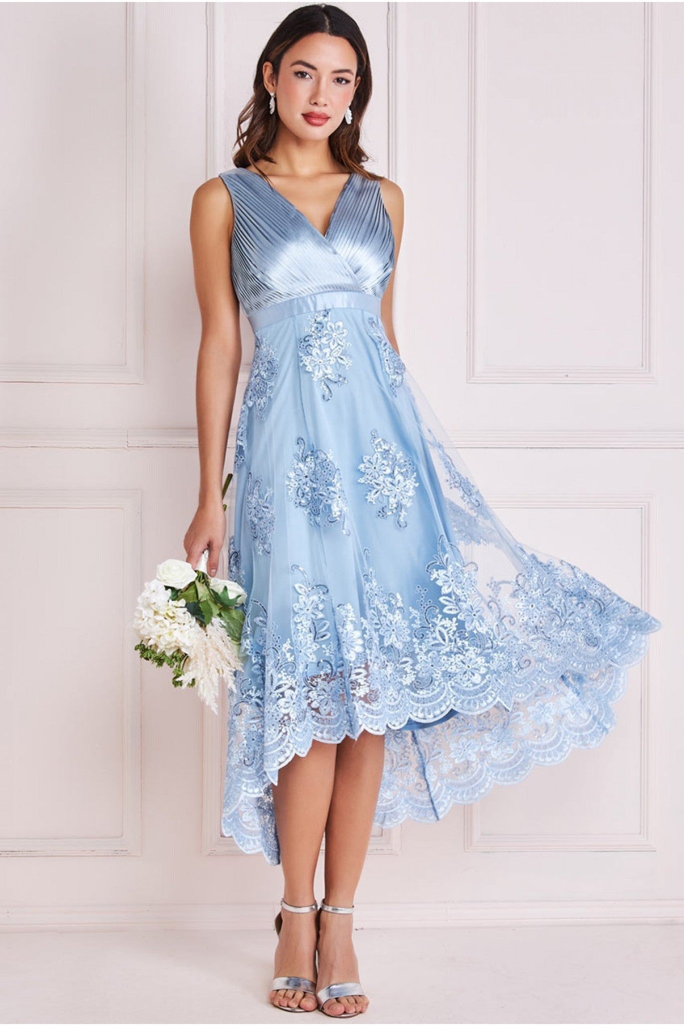 Goddiva Pleated Satin V Neck High And Low Midi - Light Blue