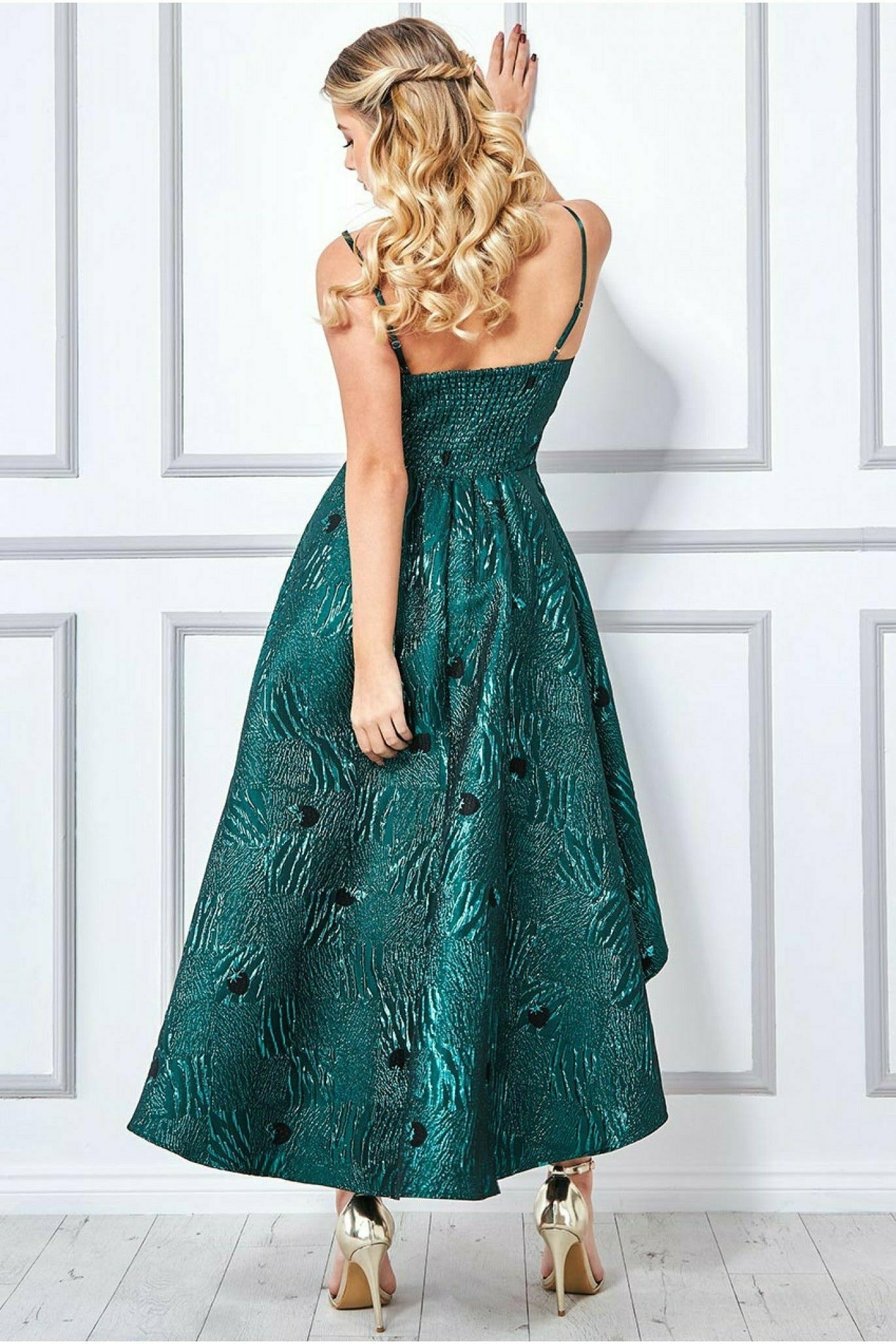 Goddiva Jacquard High Low Midi Dress - Emerald Green