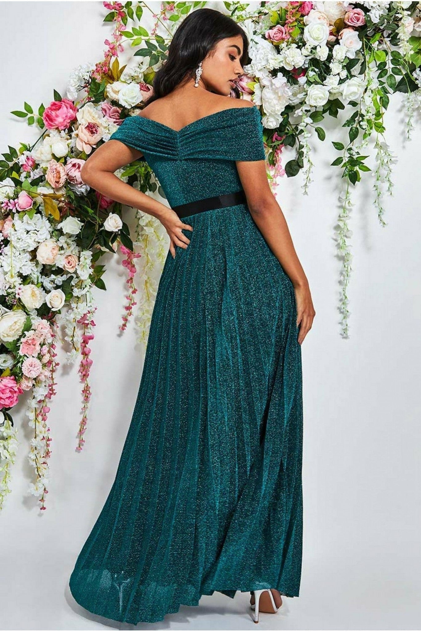 Goddiva Bardot Pleated Skirt Maxi Dress - Emerald