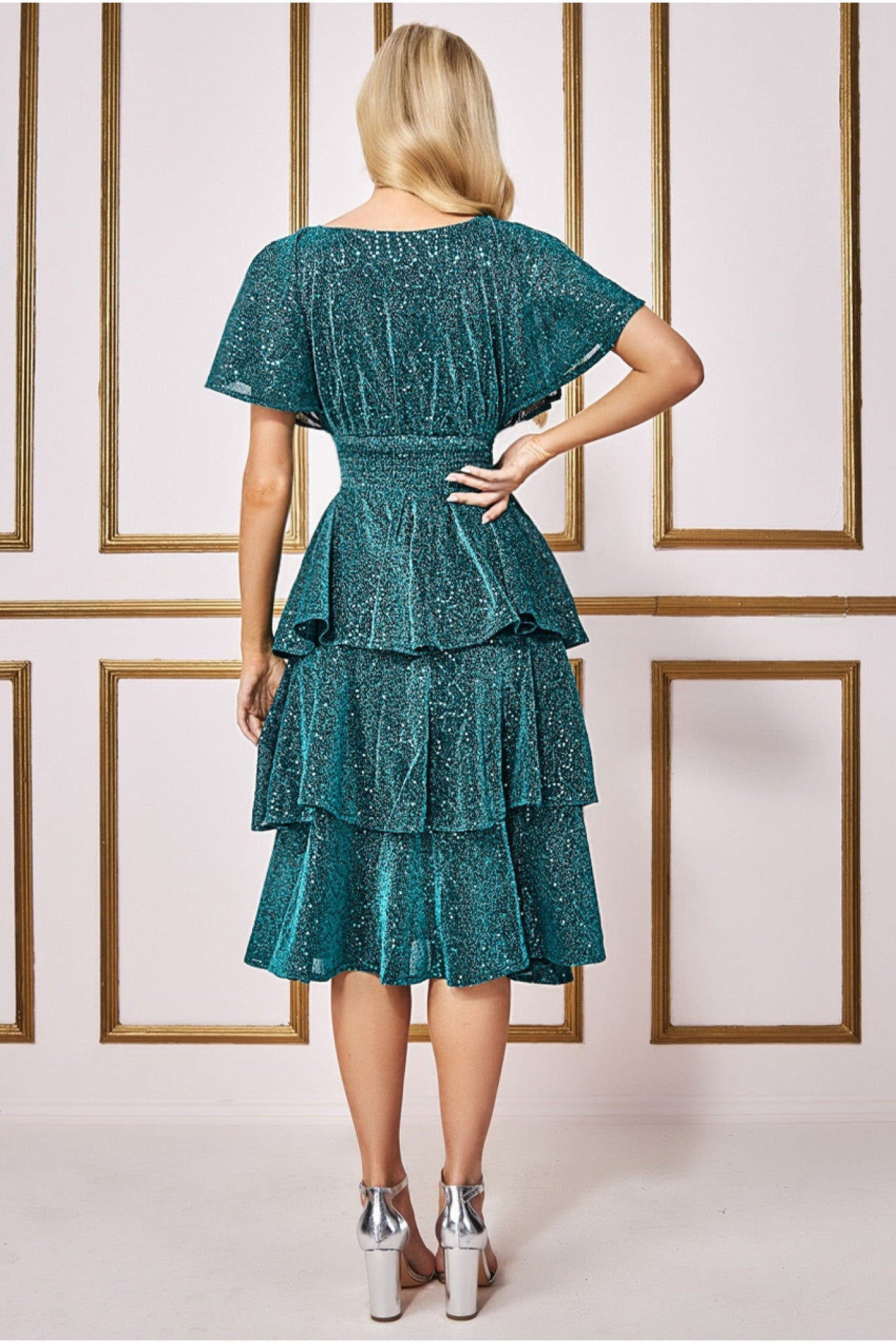 Goddiva Sequin Lurex Tiered Midi Dress - Teal Blue