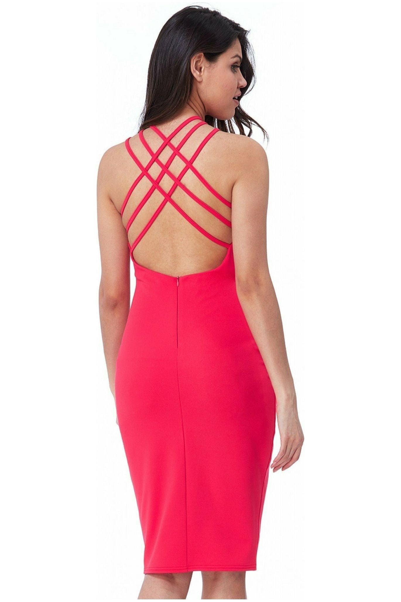 City Goddess Criss Cross Strap Halter Neck Midi - Hot Pink