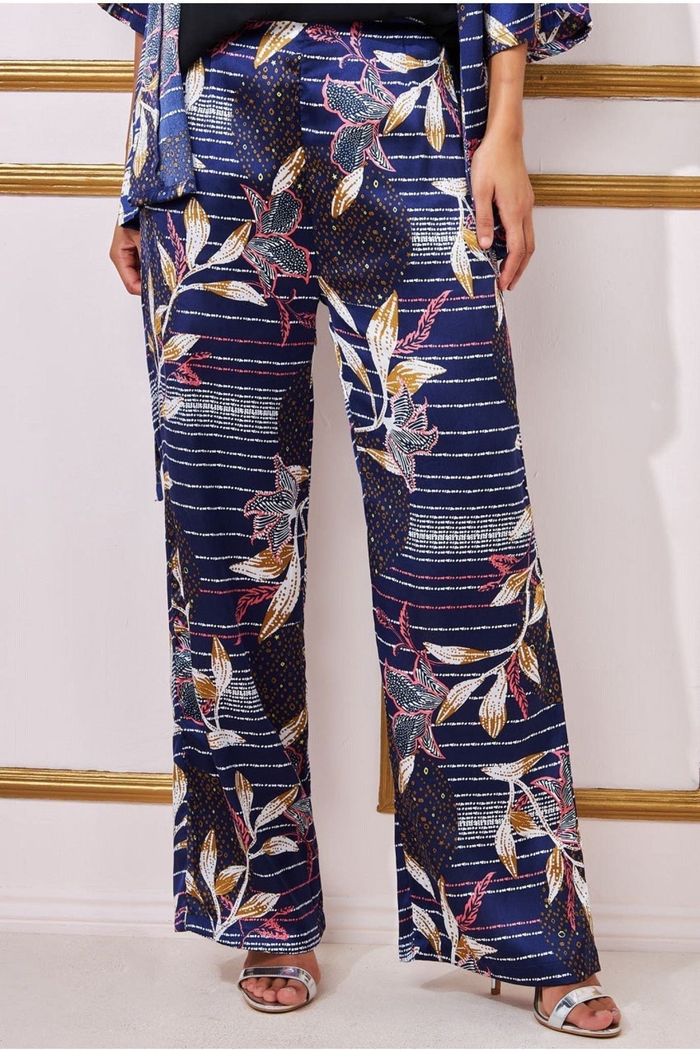 Goddiva Printed Satin Wide Leg Pant - Navy