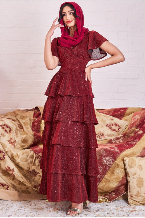 Goddiva Modesty Sequin Lurex Tiered Maxi Dress - Wine