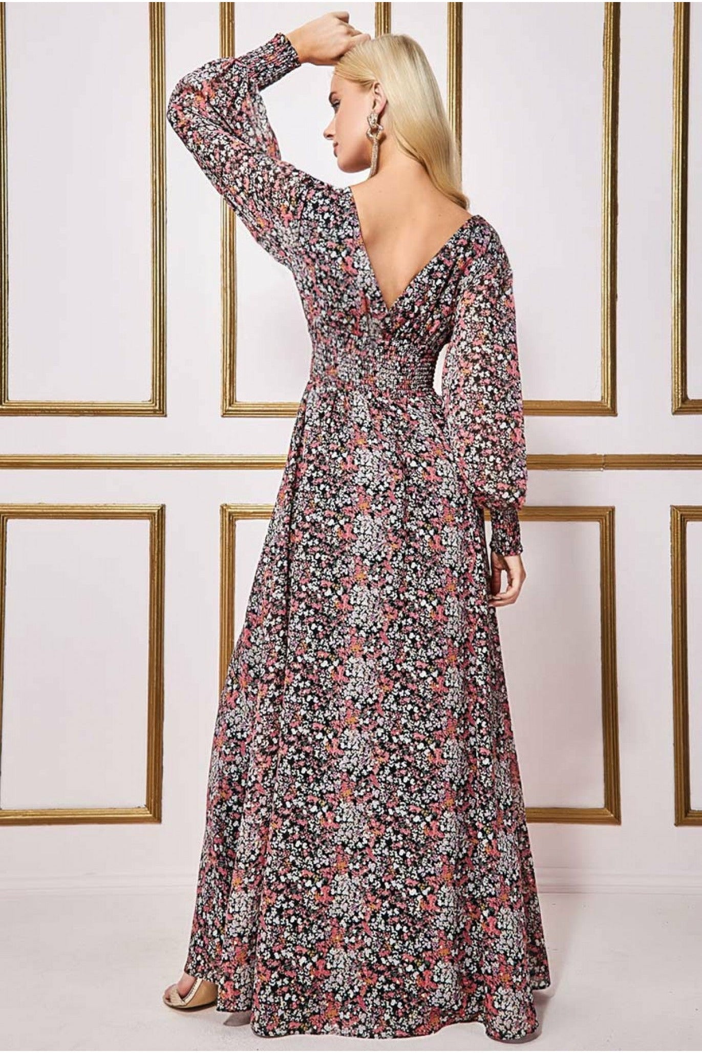 Goddiva Long Sleeve Maxi Shirred Waistband - Floral Print