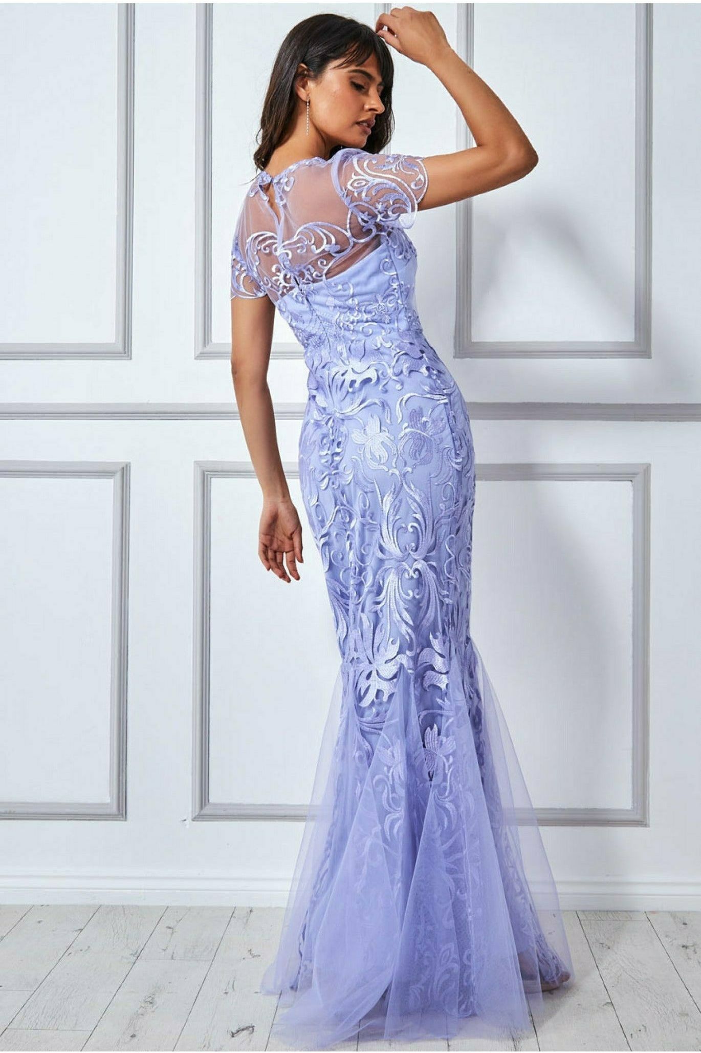 Goddiva Mesh & Lace Maxi With Scalloped Hem - Lilac