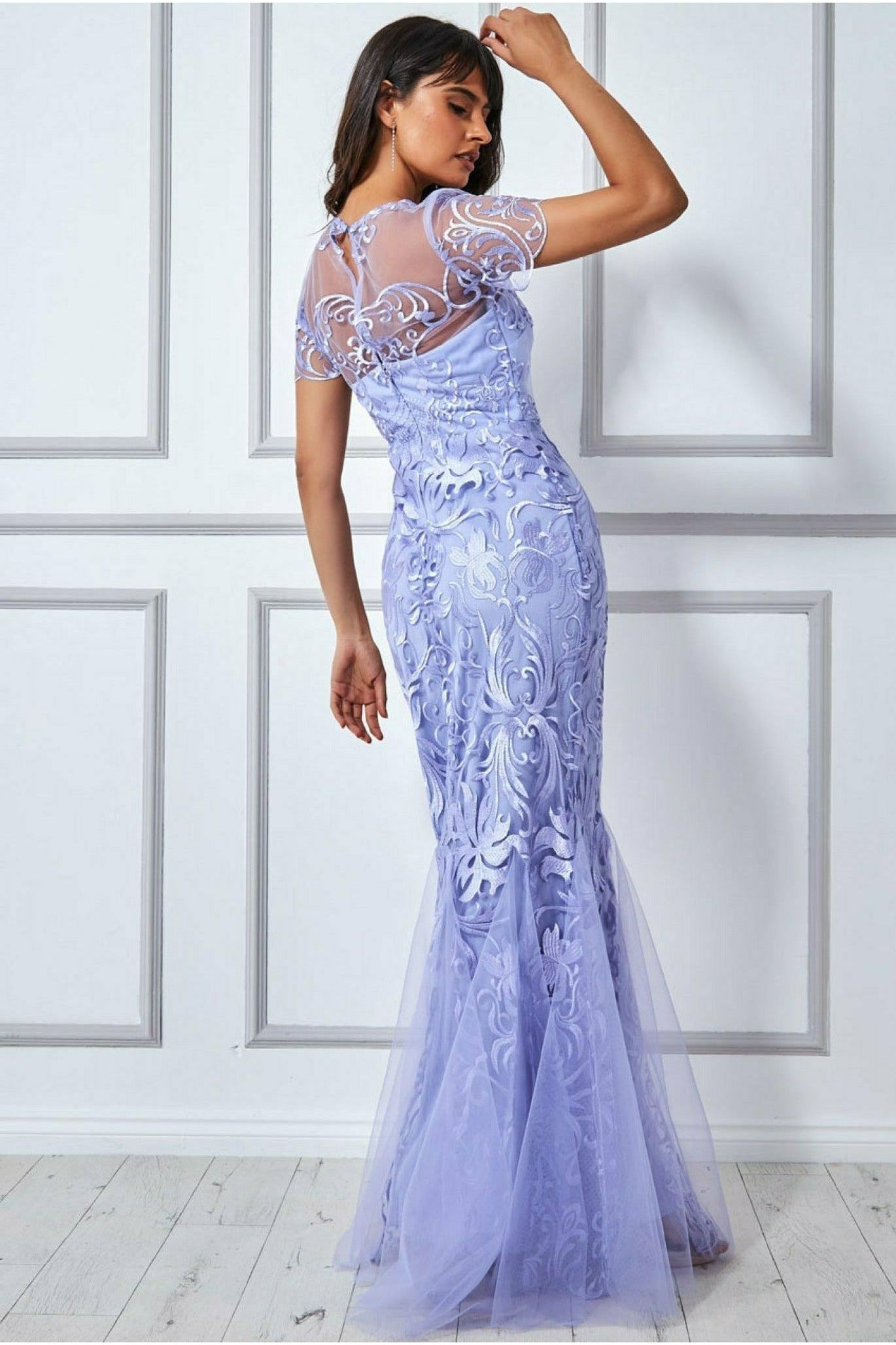 Goddiva Mesh & Lace Maxi With Scalloped Hem - Lilac