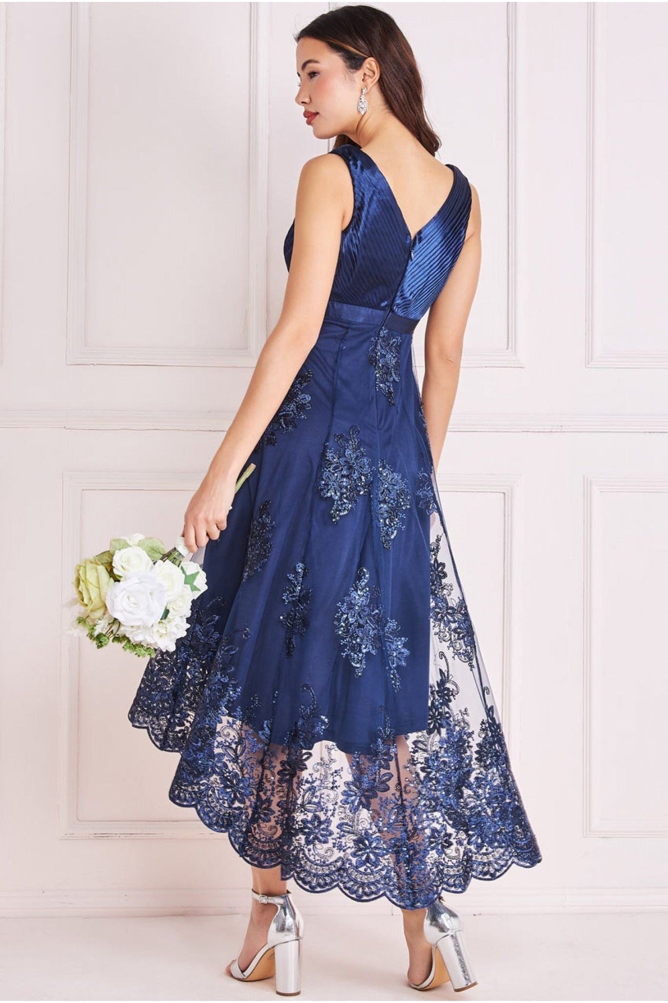 Goddiva Pleated Satin V Neck High And Low Midi - Navy