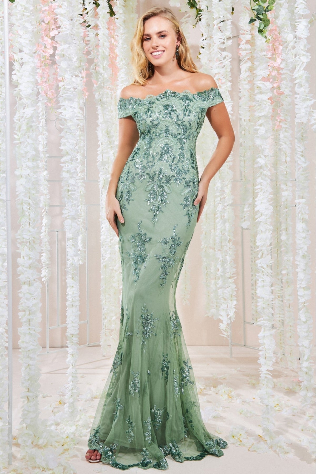 Goddiva Bardot Sequin Embroidered Maxi Dress - Sage Green