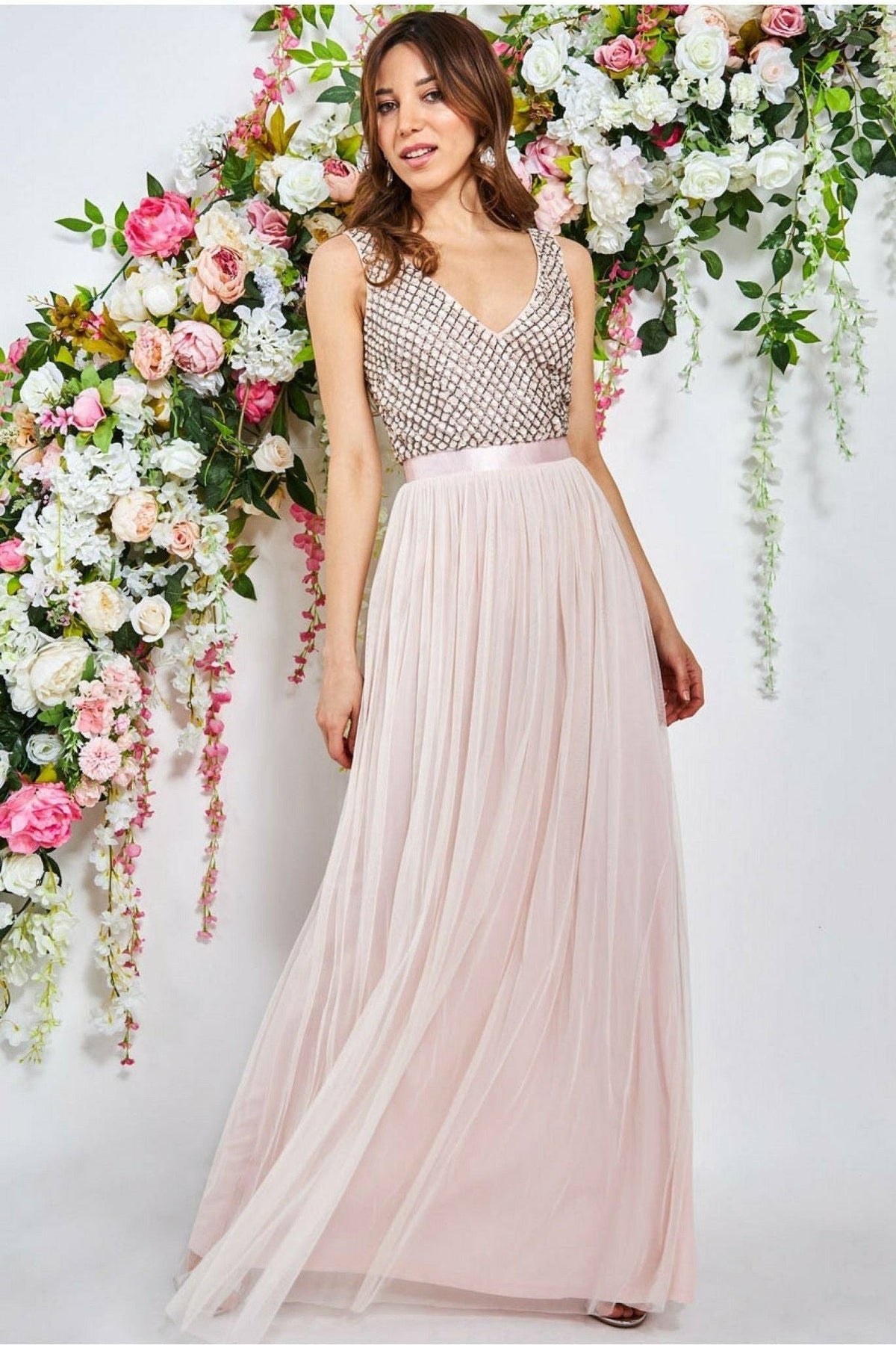 Goddiva Sequin Bodice Pleated Maxi Dress - Blush