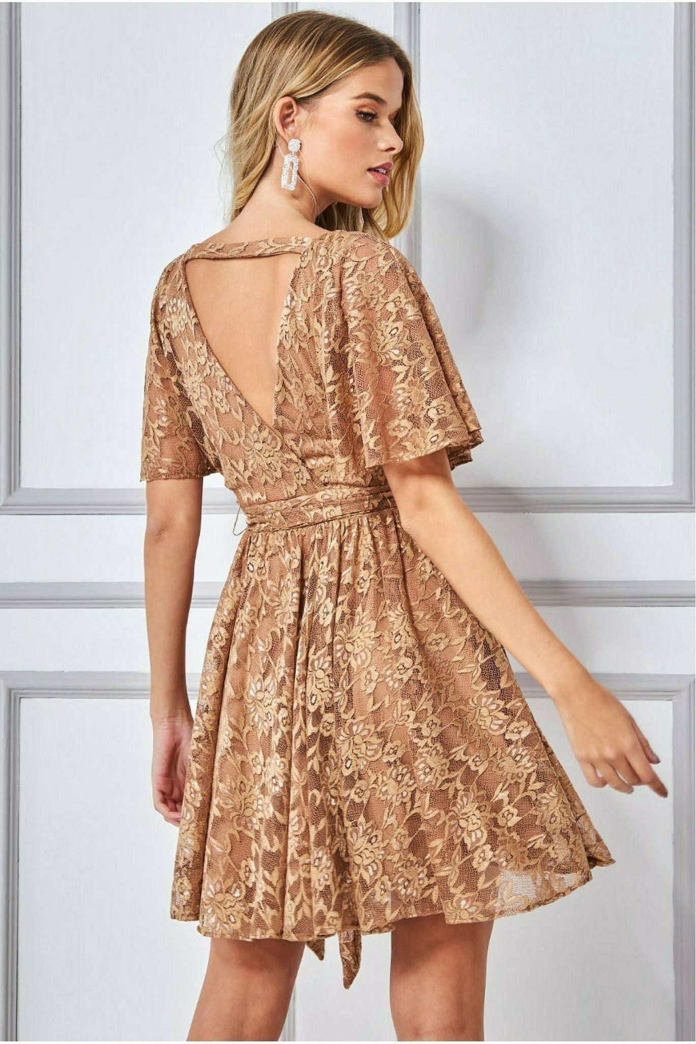 Goddiva Lace Kimono Wrap Skater Mini Dress - Tan