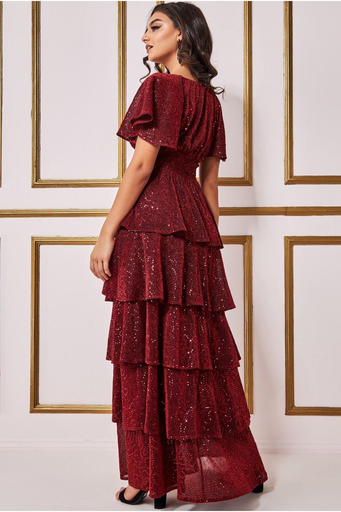 Goddiva Sequin Lurex Tiered Maxi Dress - Wine