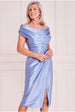 Goddiva Satin Front Split Bardot Cowl Midi - Dusty Blue