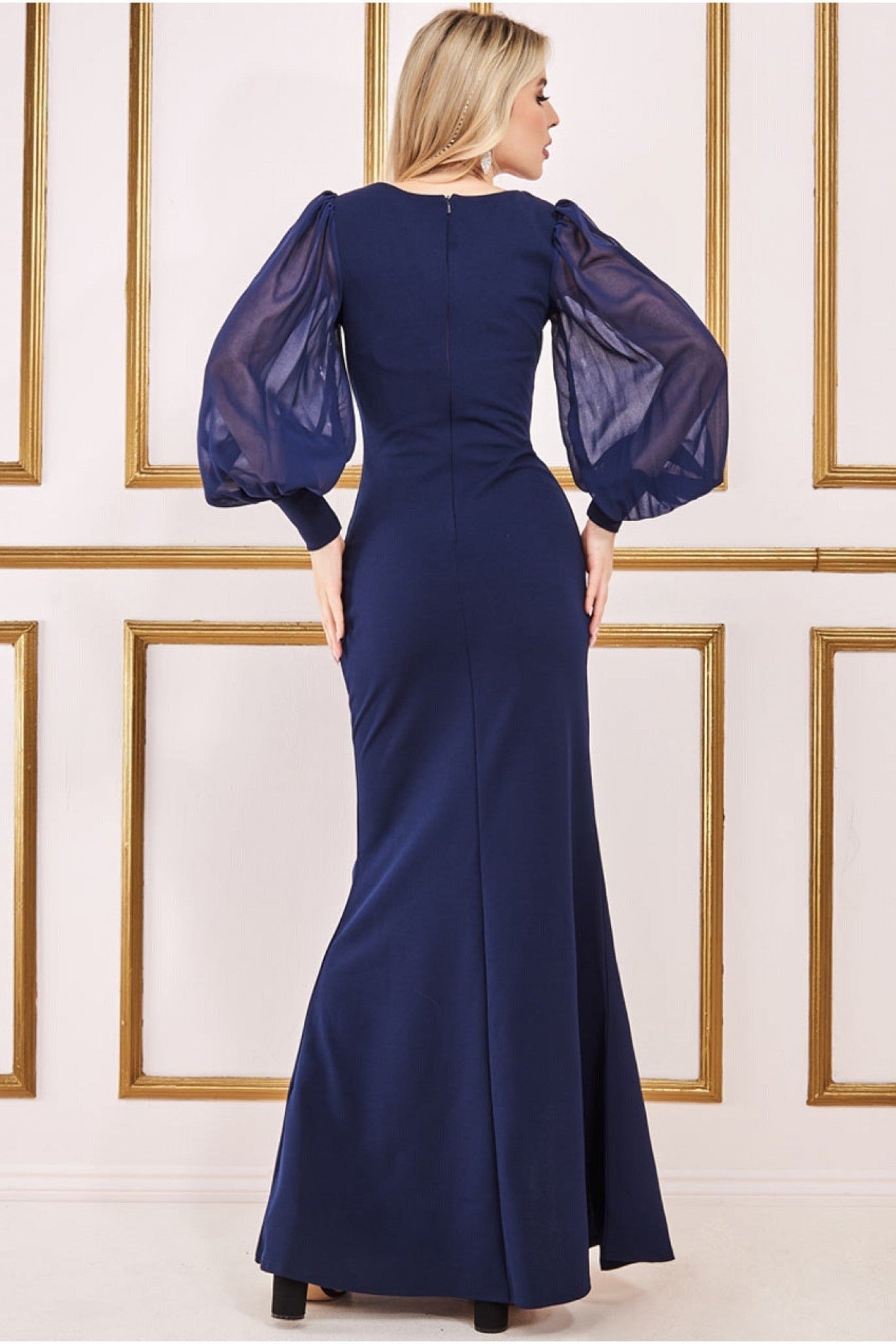 Goddiva Chiffon Sleeve Thigh Split Maxi Dress - Navy