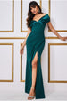 Goddiva Satin & Scuba Off The Shoulder Maxi Dress - Emerald