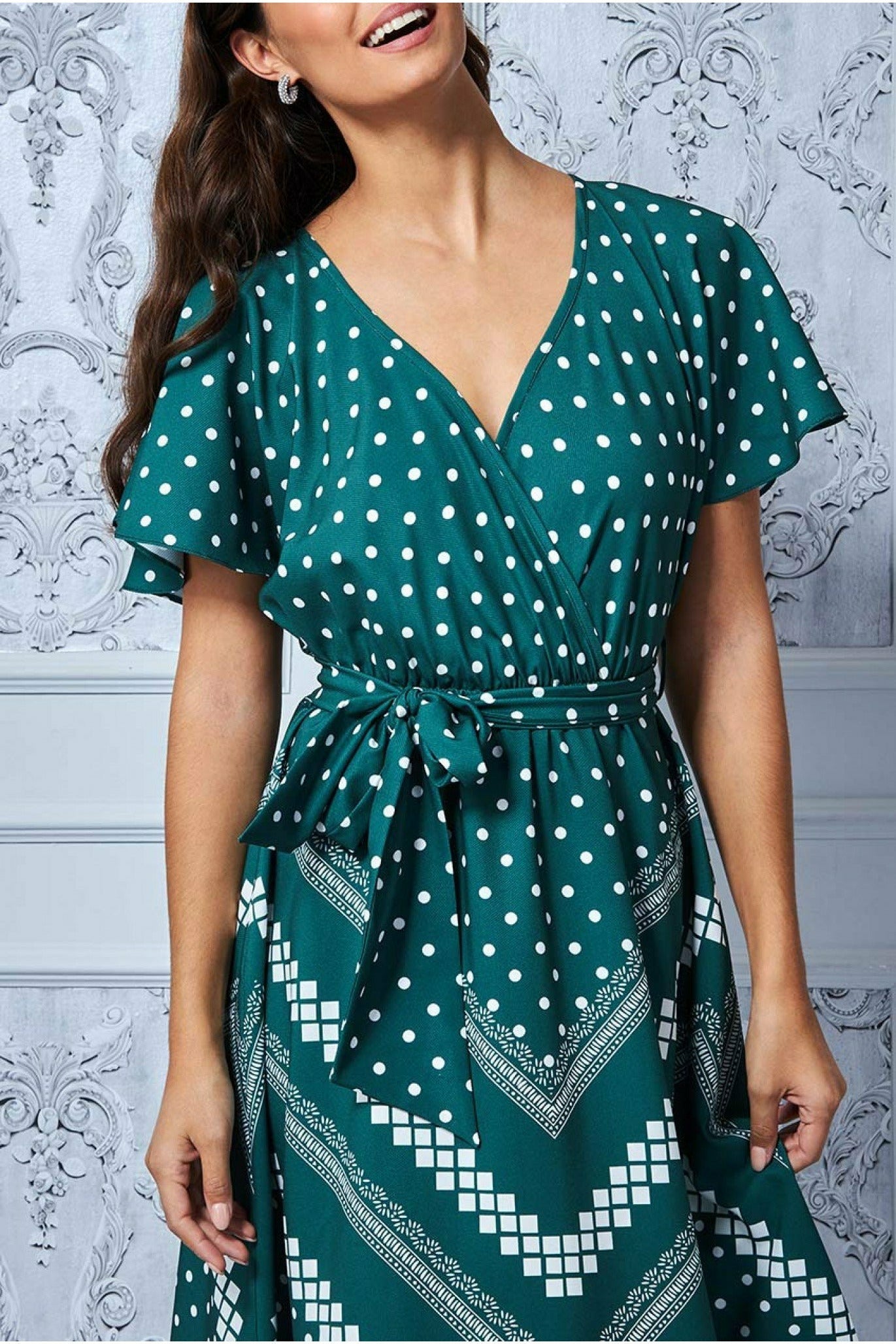 Goddiva Wrap Style Flutter Sleeve Midi Dress - Emerald Green