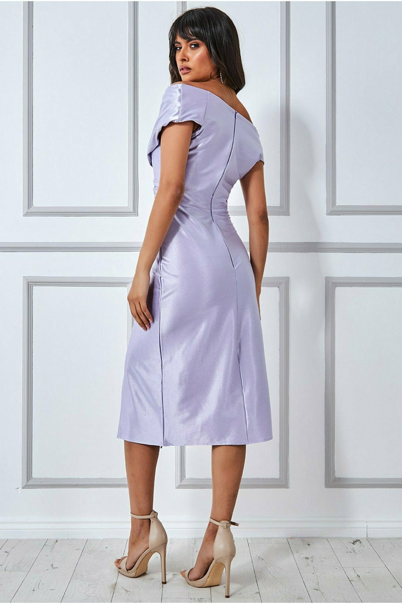 Goddiva Cowl Neck Bardot Satin Midi Front Split - Lilac