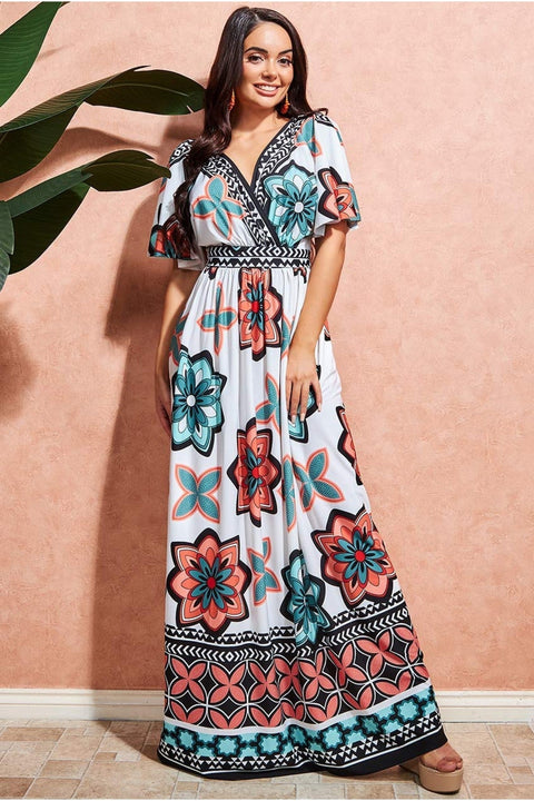 Goddiva Printed Flutter Sleeve Maxi Dress - Cream