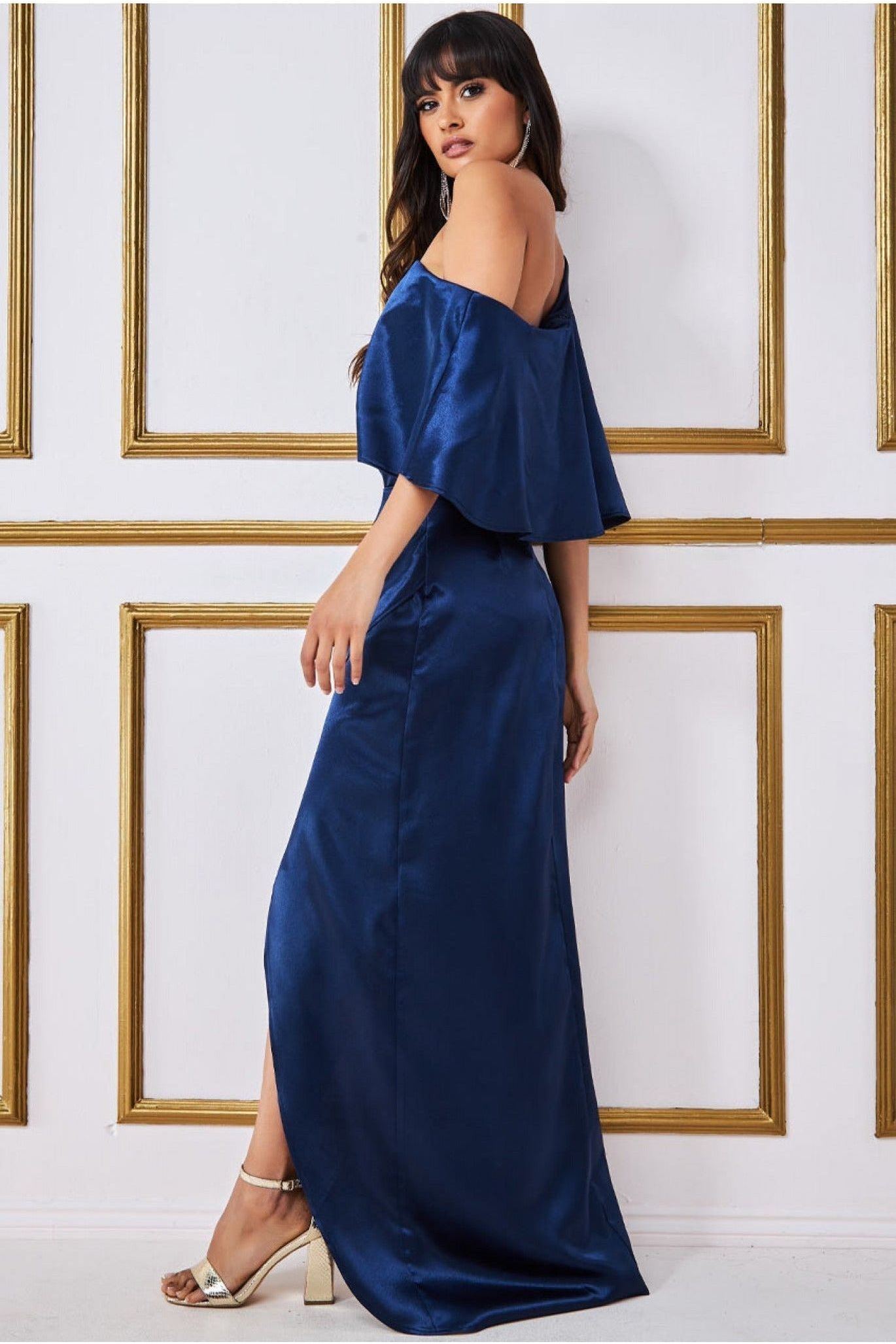 Goddiva Satin Drape Shoulder Wrap Maxi Dress - Navy